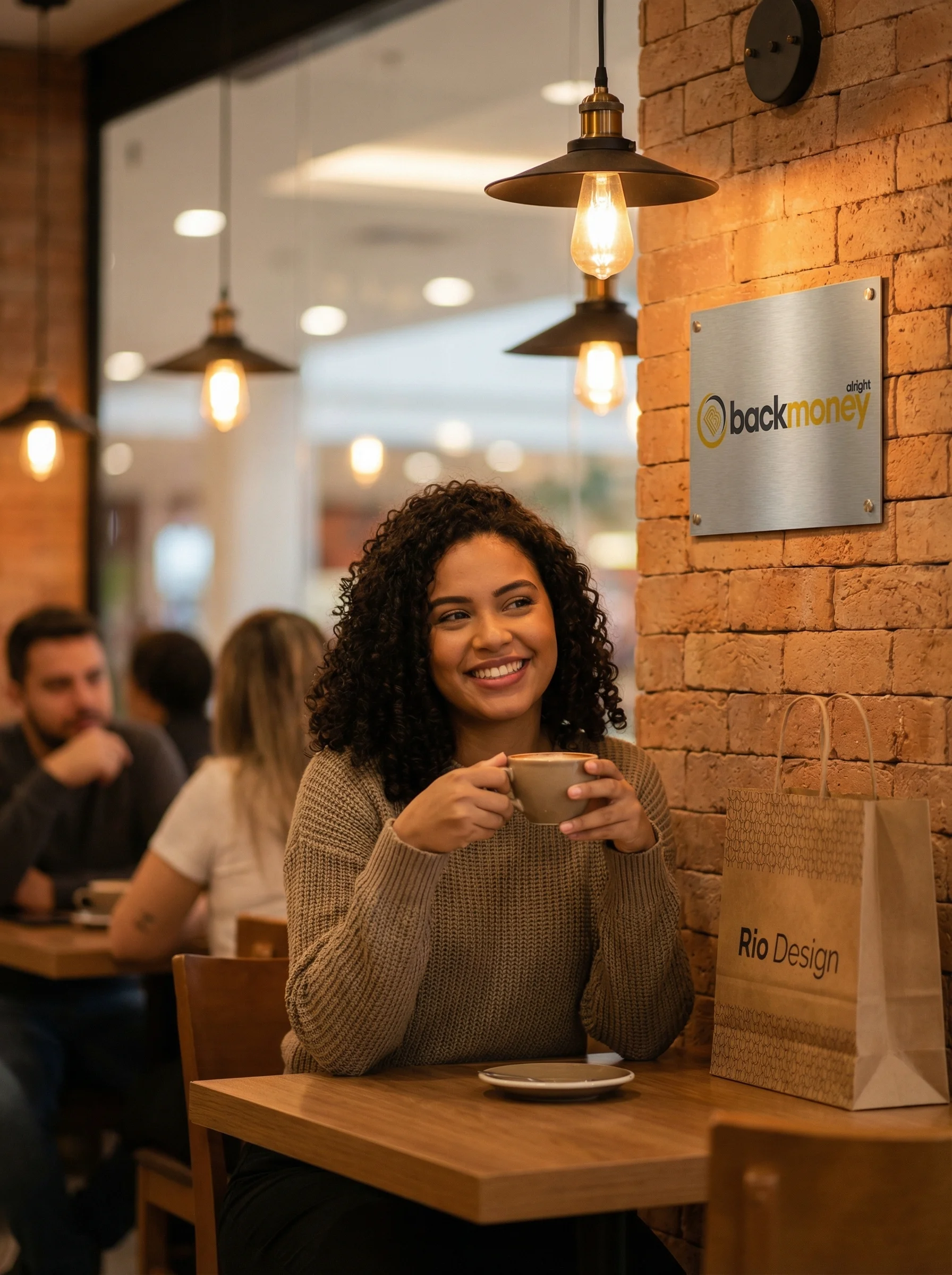 Cliente no café do shopping usando app BackMoney com sacola de compras