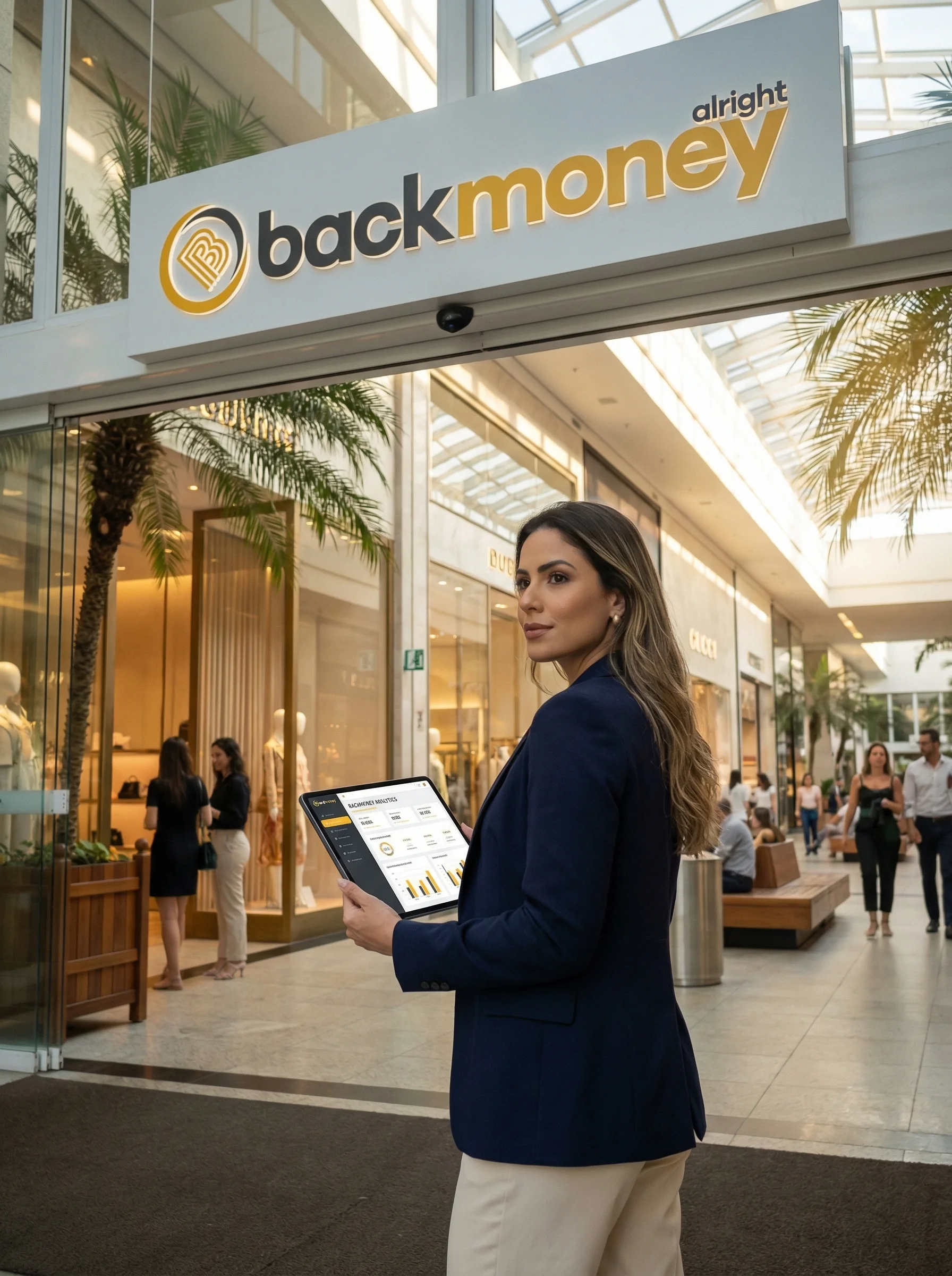 Empresário com tablet em região comercial premium do Rio de Janeiro com sinalização BackMoney